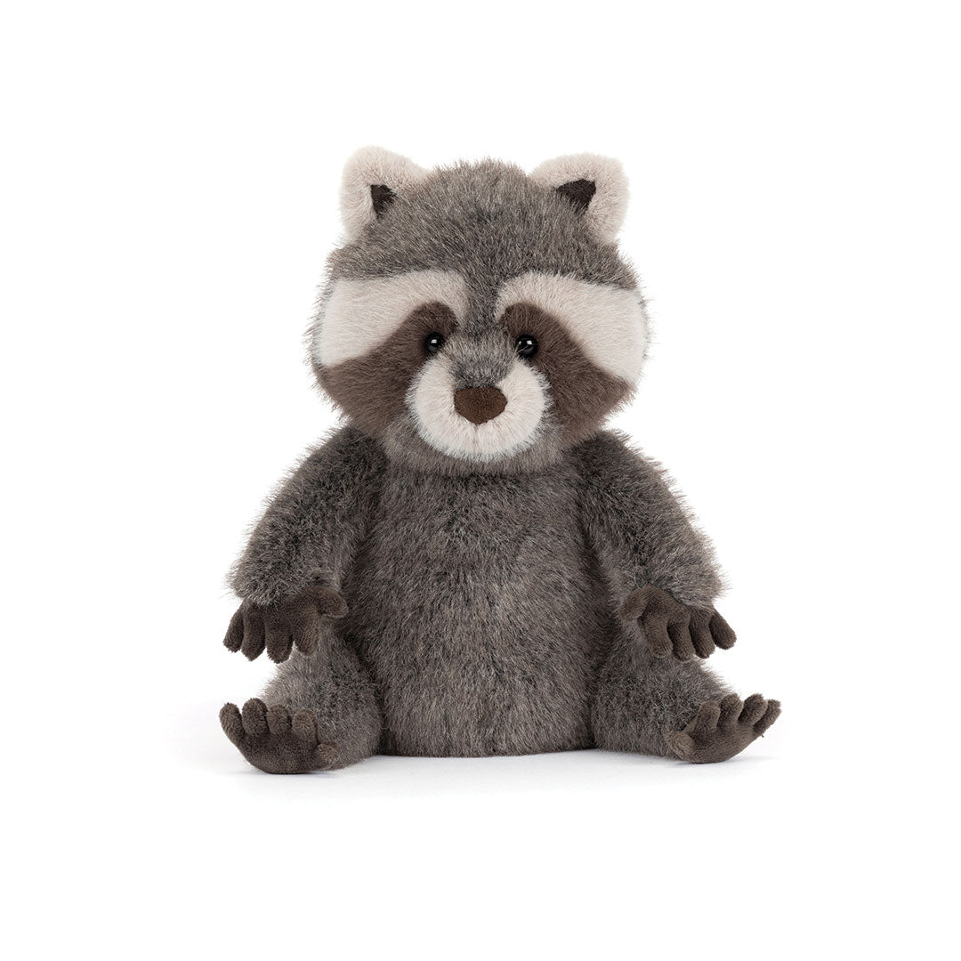 Plush raccoon toy on a white background.