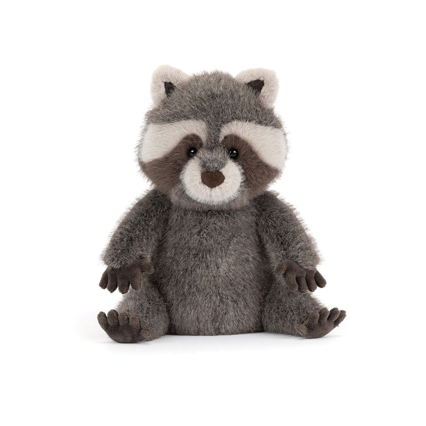 Plush raccoon toy on a white background.