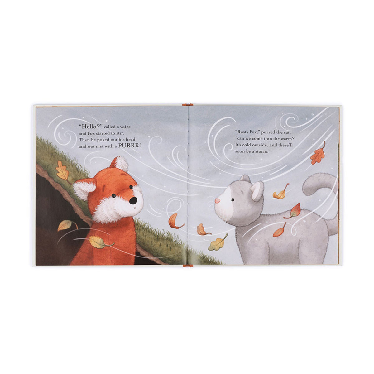Page of 'Warm in the Storm: A Bashful Fox Story' with a fox and cat illustration on a beige background.
