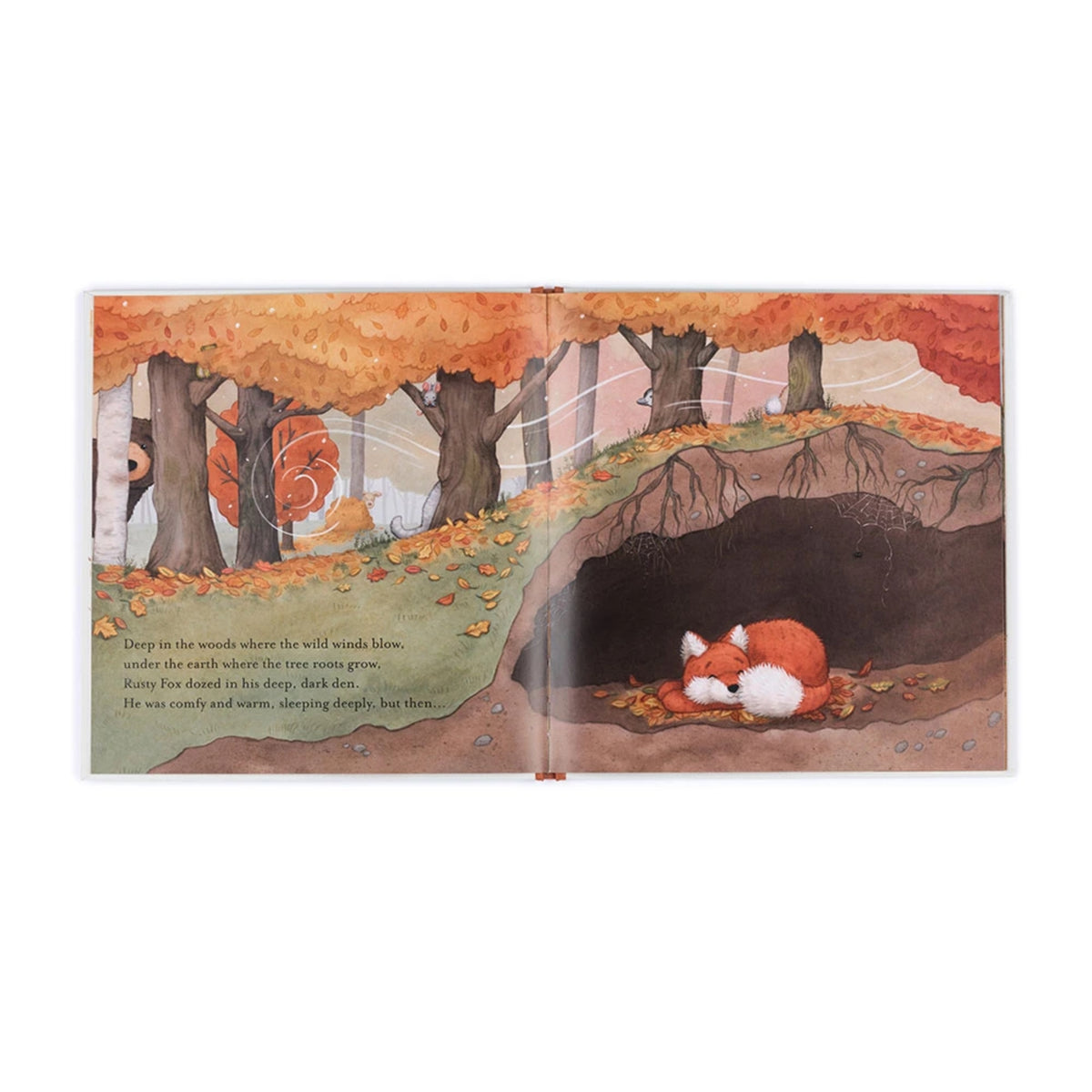 Page of 'Warm in the Storm: A Bashful Fox Story' with a fox illustration on a beige background.