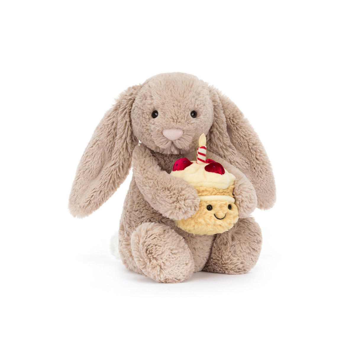 Beige plush toy rabbit holding a cupcake with a small face on a white background.