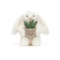 Plush toy rabbit holding a potted aloe vera plant on a white background