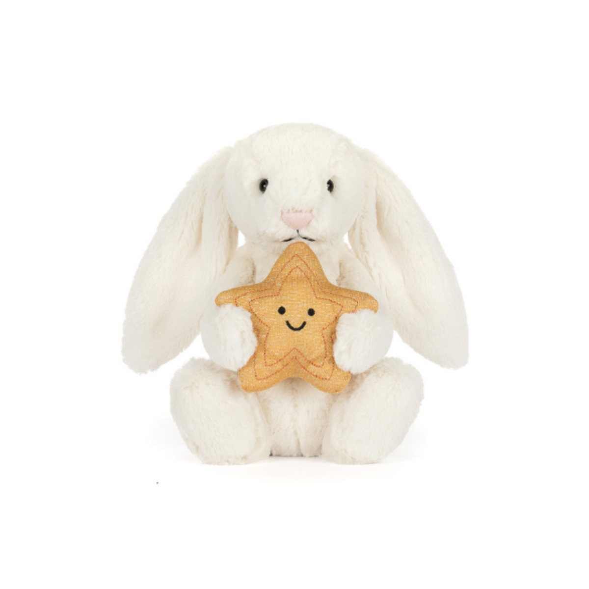 White plush bunny holding a star-shaped cookie with a smiley face on a white background