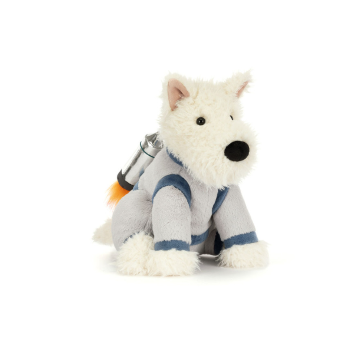 Side view of plush dog toy with a space-themed outfit and rocket on a white background.