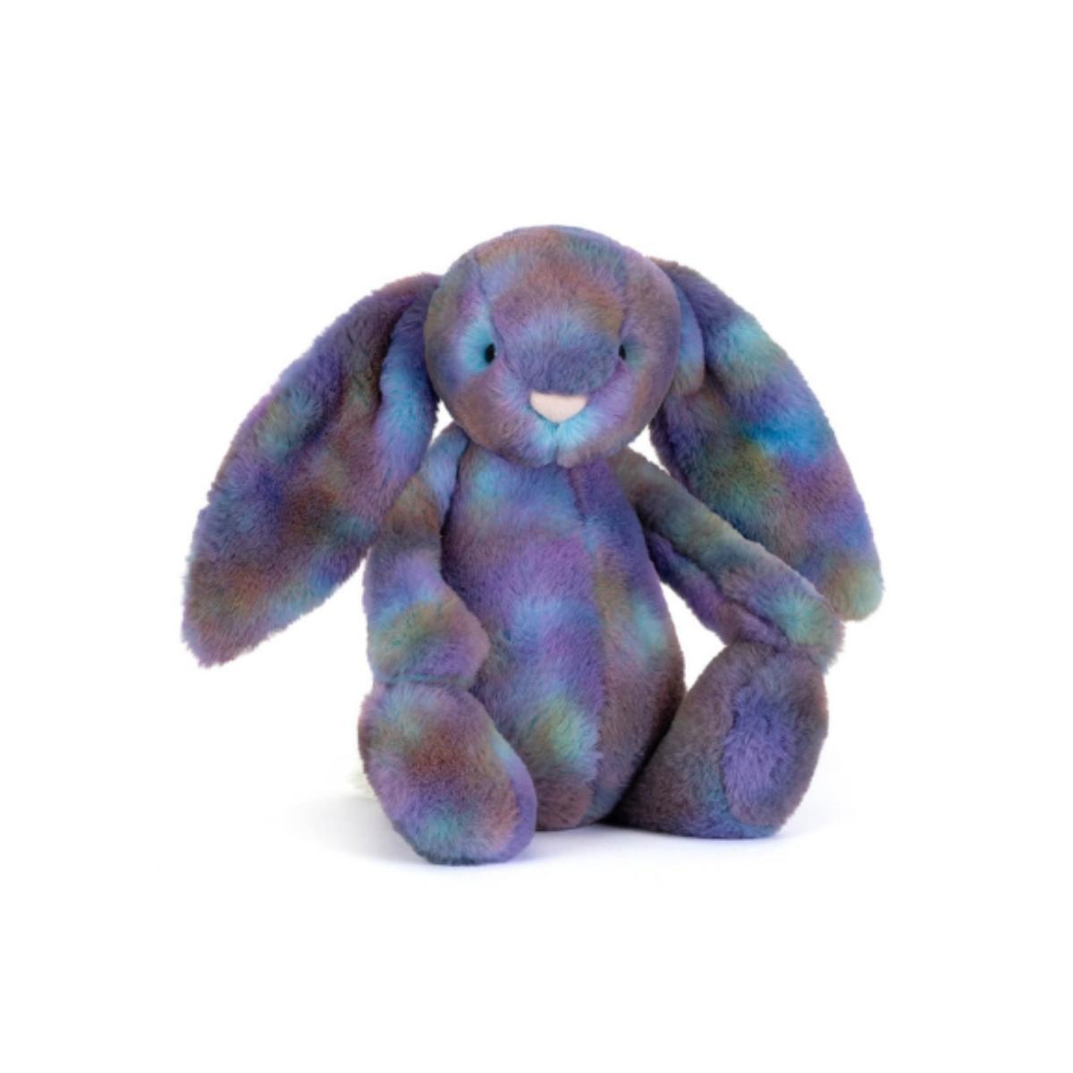 Plush tie die with blue and purple bunny toy on a white background.