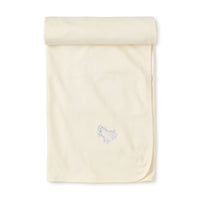 Yellow baby receiving blanket with a small embroidered giraffe design on a white background.