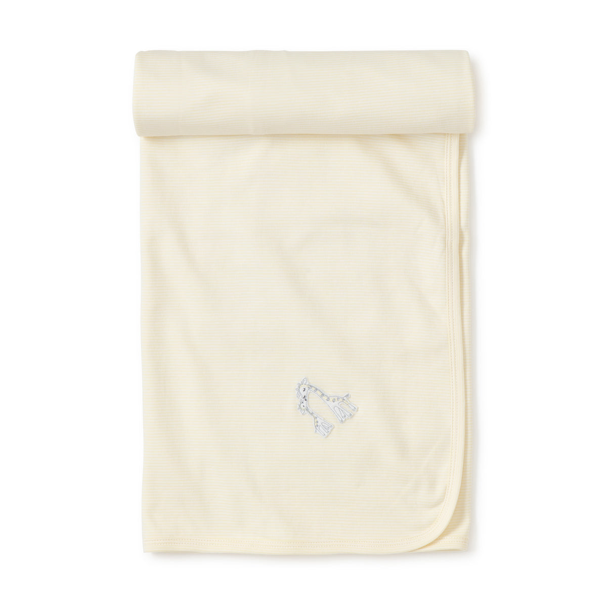 Yellow baby receiving blanket with a small embroidered giraffe design on a white background.