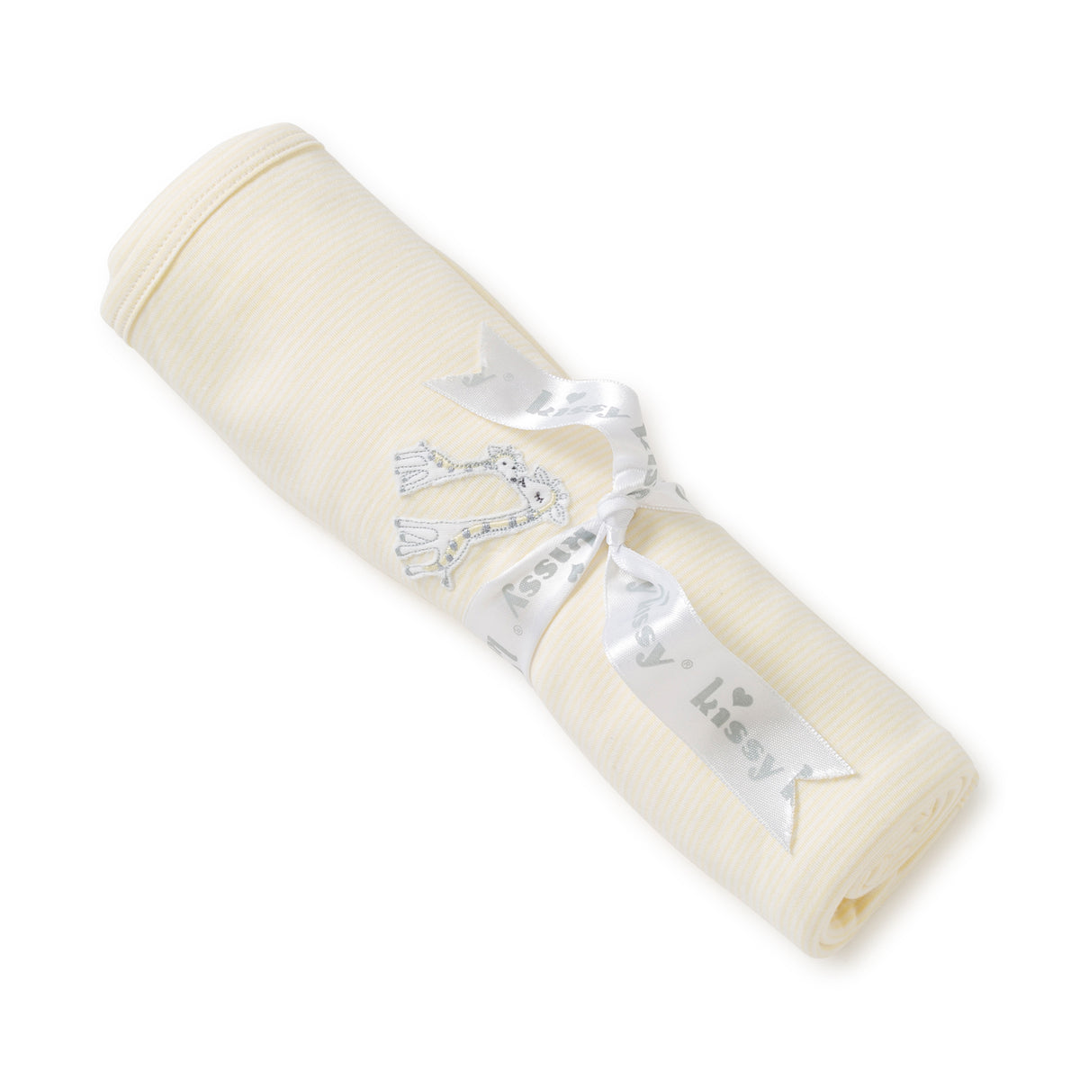 Rolled-up receiving blanket with stripes on a white background.