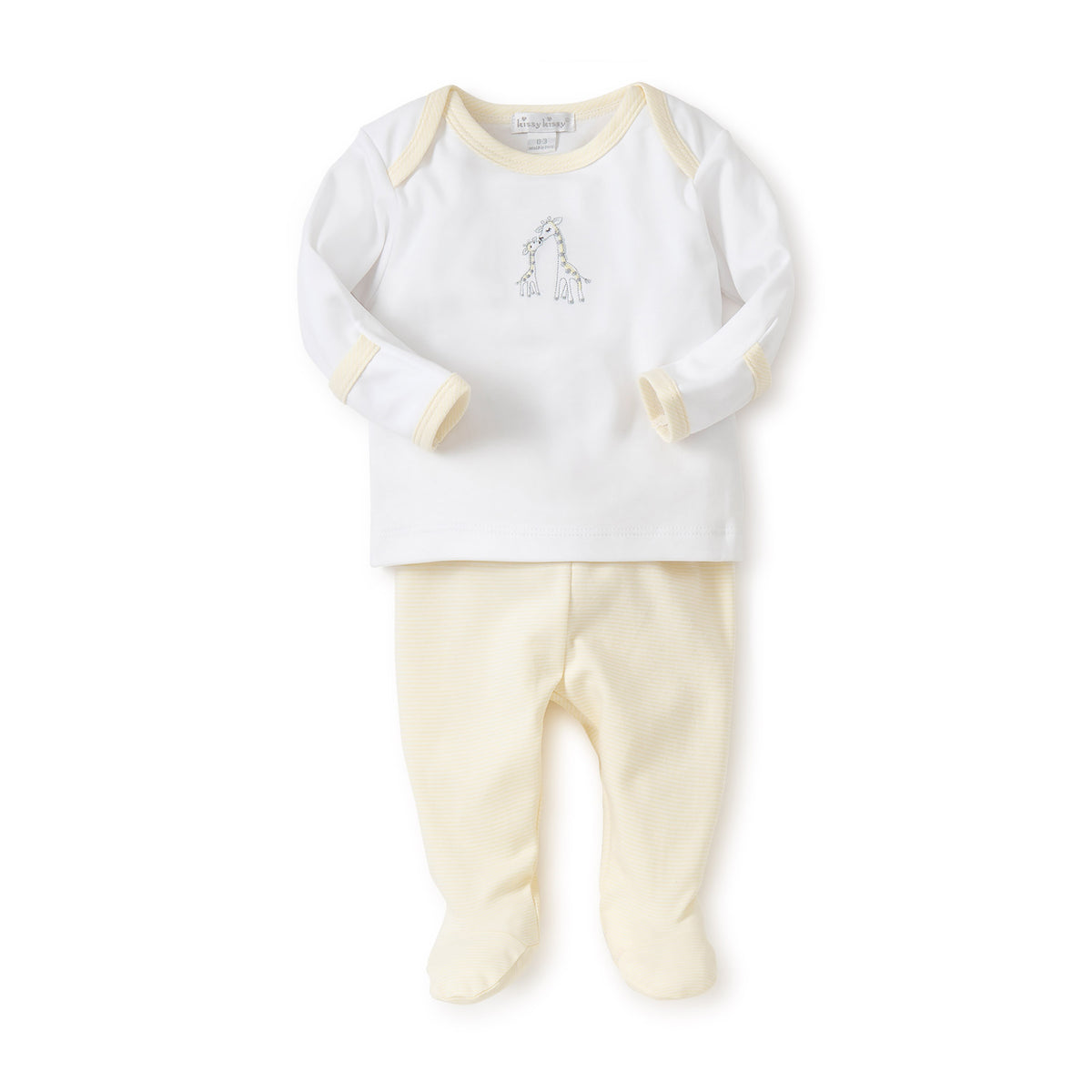 Two-piece long sleeve baby outfit and yellow pants on a white background.