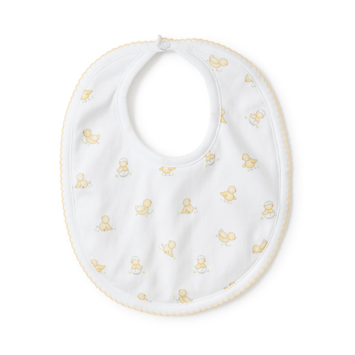 White baby bib with yellow duck patterns on a white background.