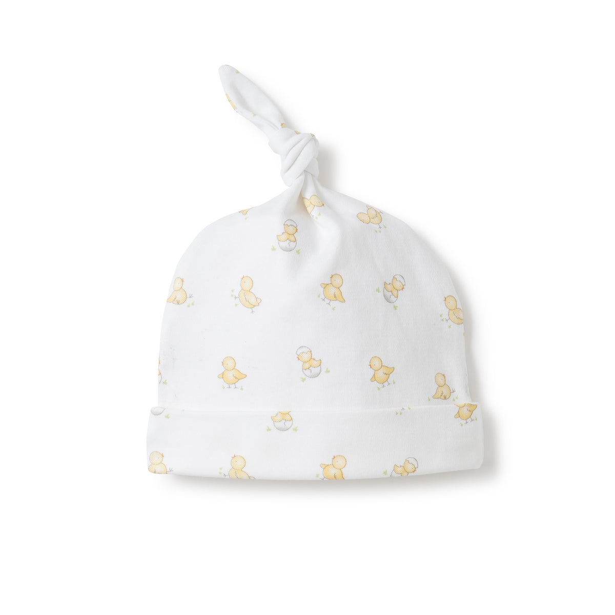 White baby hat with yellow baby ducklings  on a white background.