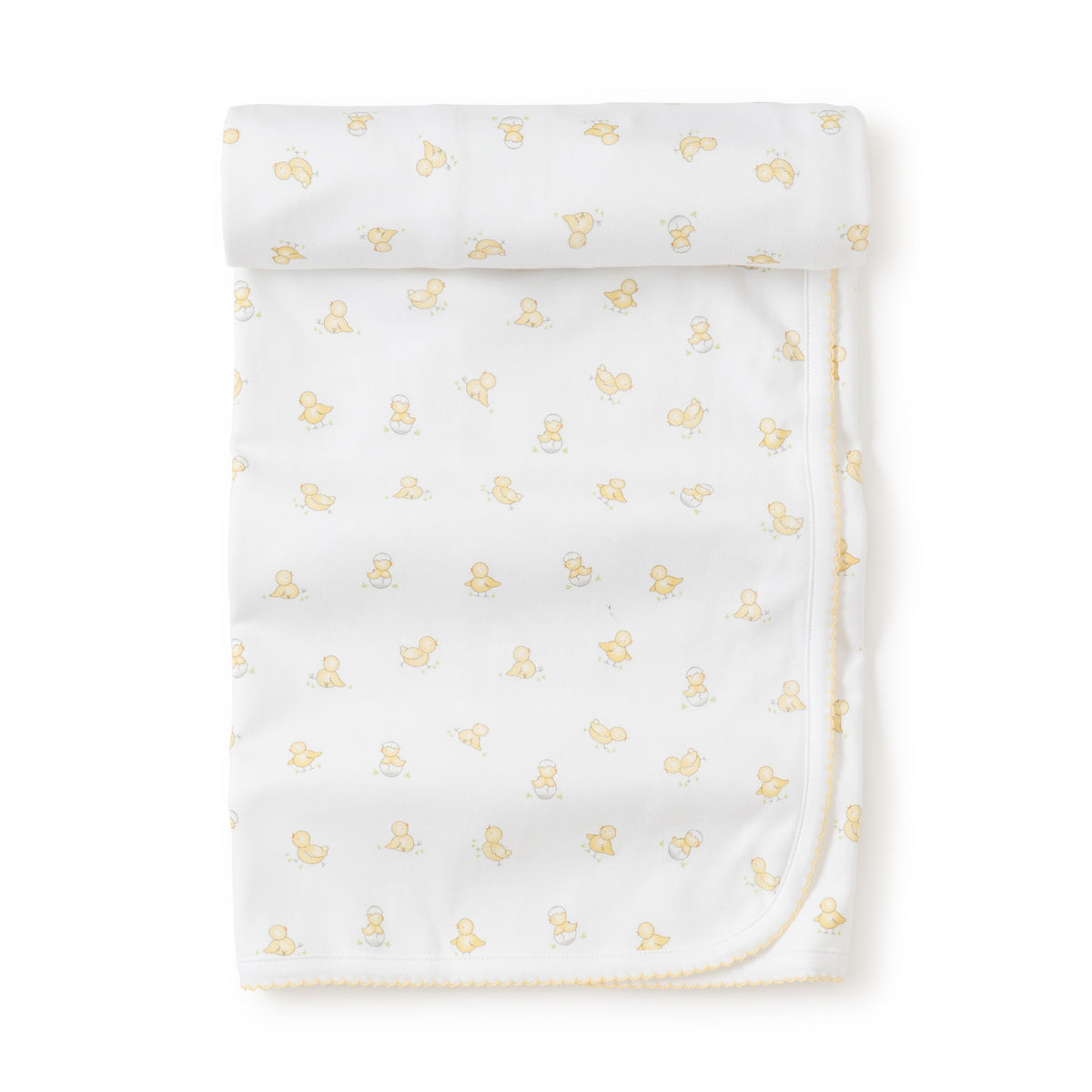 White baby receiving blanket with yellow duck pattern on a white background.