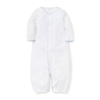White converter gown with blue trim on a white background.