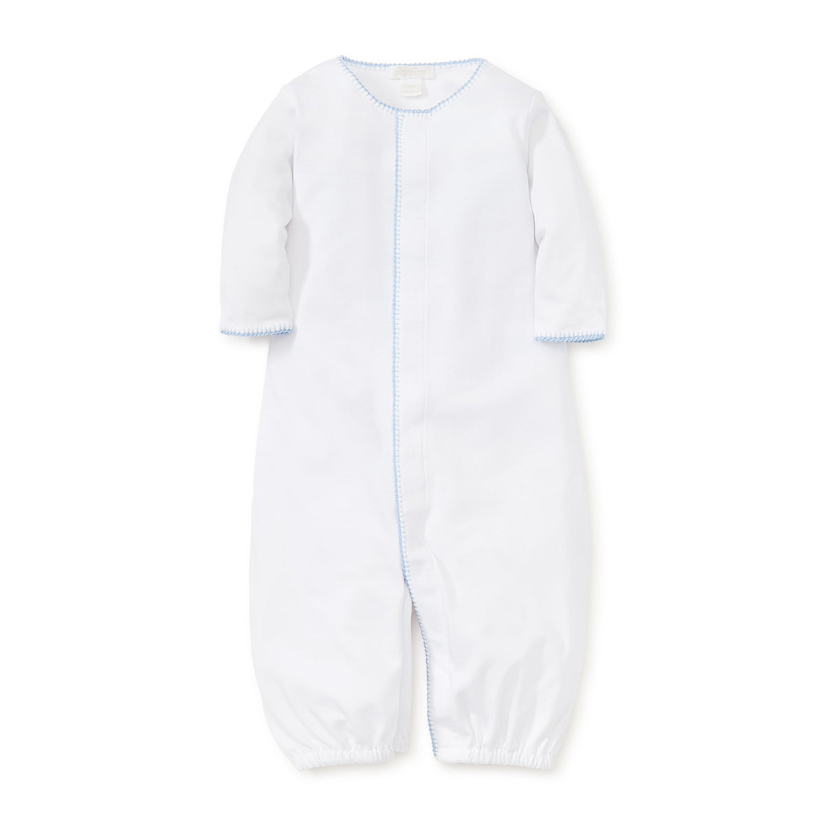 White converter gown with blue trim on a white background.