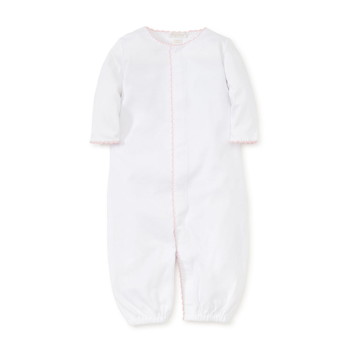 White converter gown with pink trim on a white background.