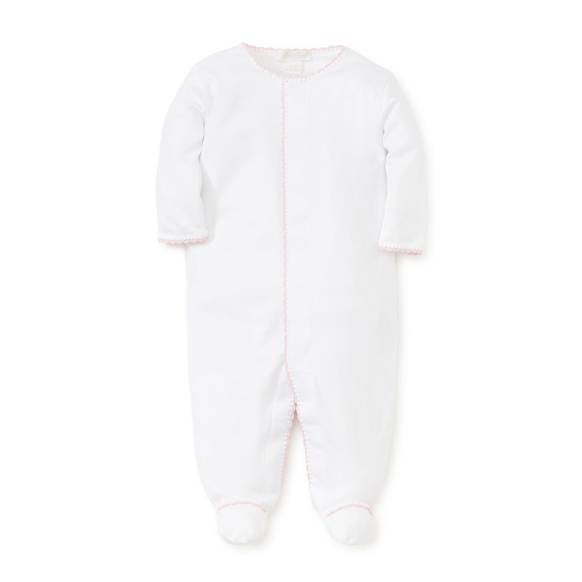 White baby footie with pink trim on a white background.