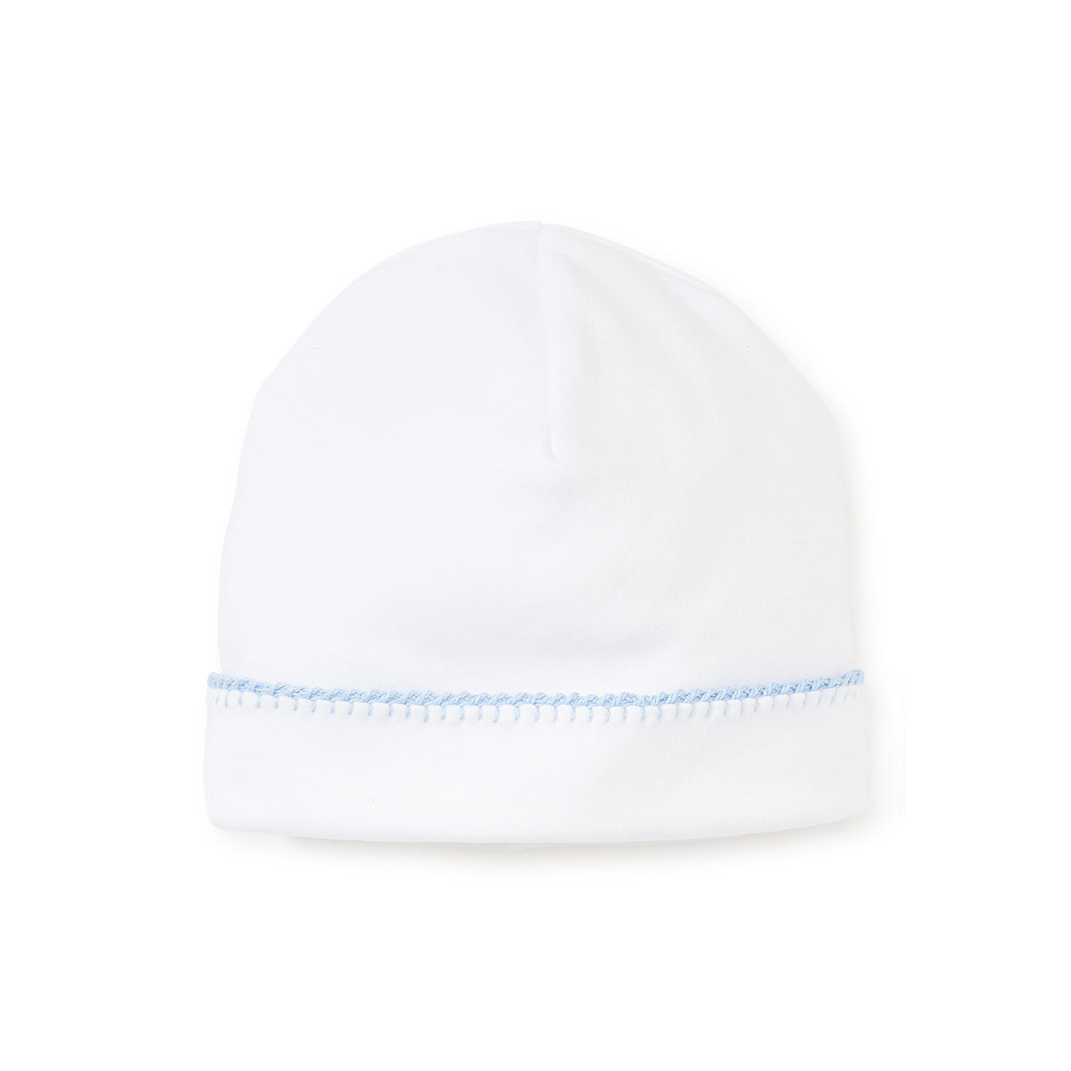 White baby hat with a blue embroidered trim on a white background.