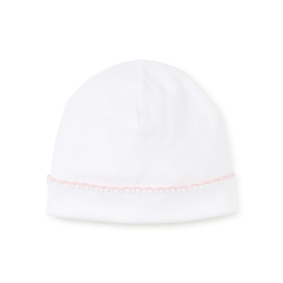 White baby cap  with pink embroidery trim on a white background.