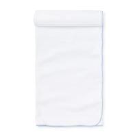 White receiving blanket  with a blue embroidered border on a white background.