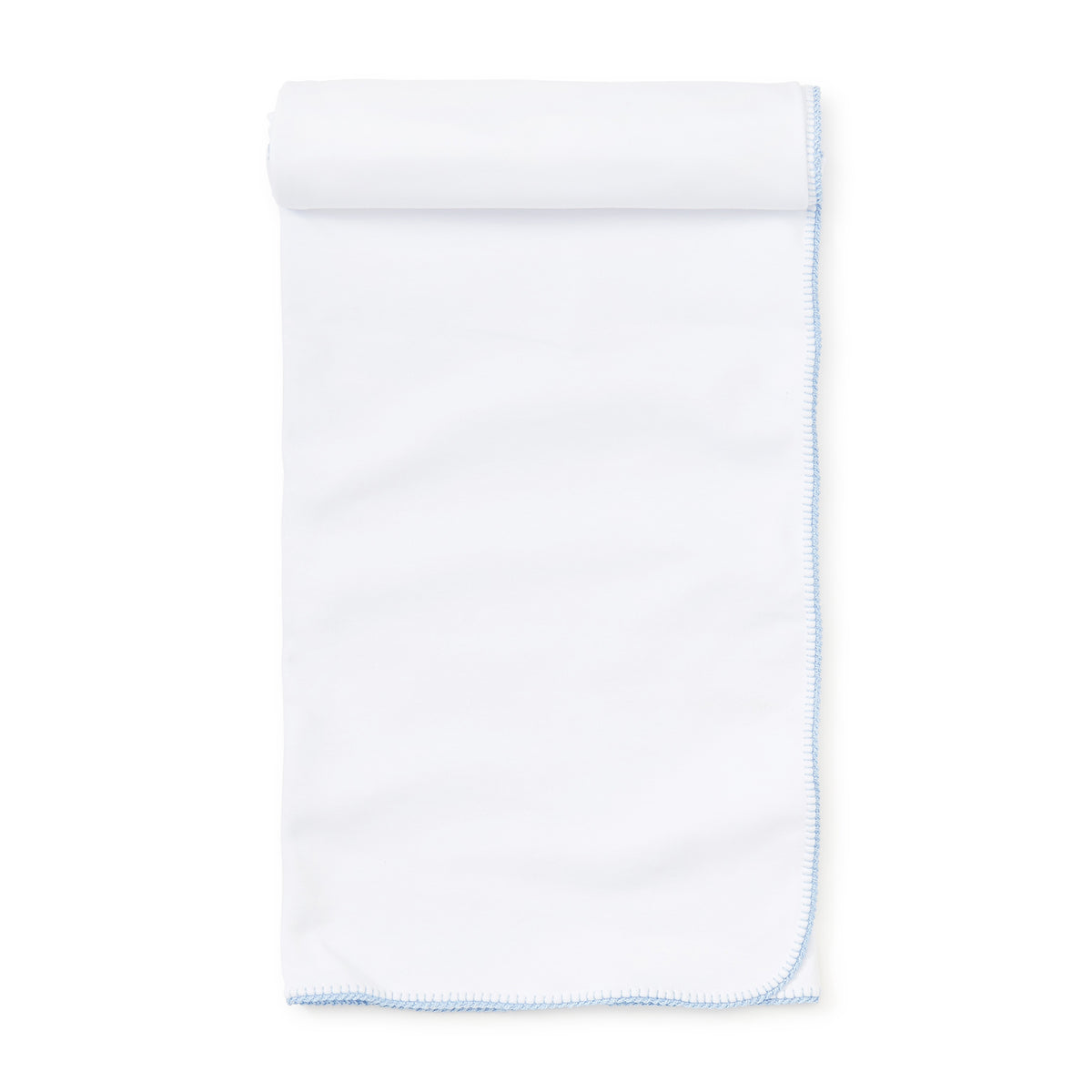 White receiving blanket  with a blue embroidered border on a white background.
