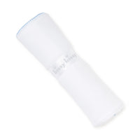 White baby blanket with blue trim on a white background.