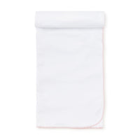 White receiving blanket with a pink embroidered edge on a white background.