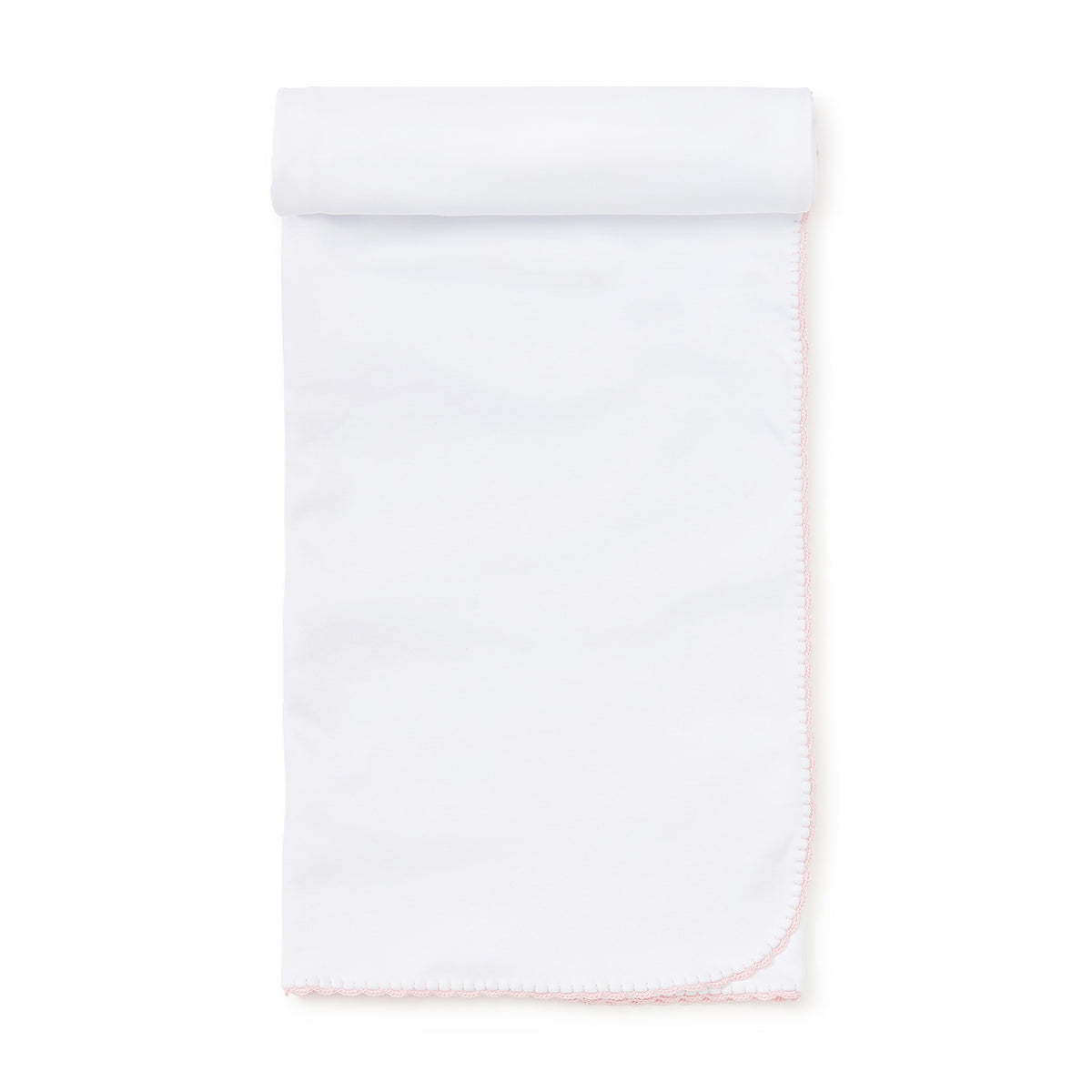 White receiving blanket with a pink embroidered edge on a white background.