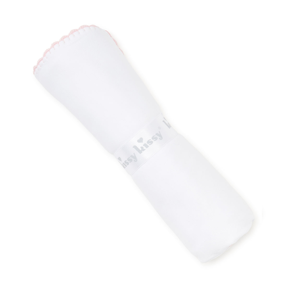Rolled white baby blanket with pink embroidered border on a white background.