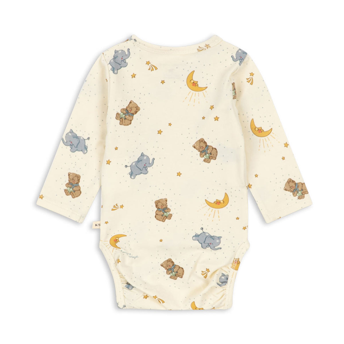Back view of a long-sleeve baby bodysuit in cream with an all-over print of teddy bears, elephants, crescent moons, and stars in brown, blue, and yellow.