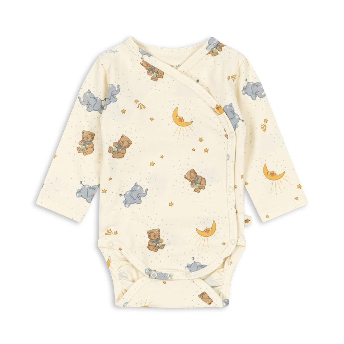 A long-sleeve cross body baby wrap bodysuit in cream with a print of teddy bears, elephants, crescent moons, and stars, shown flat on a white background.