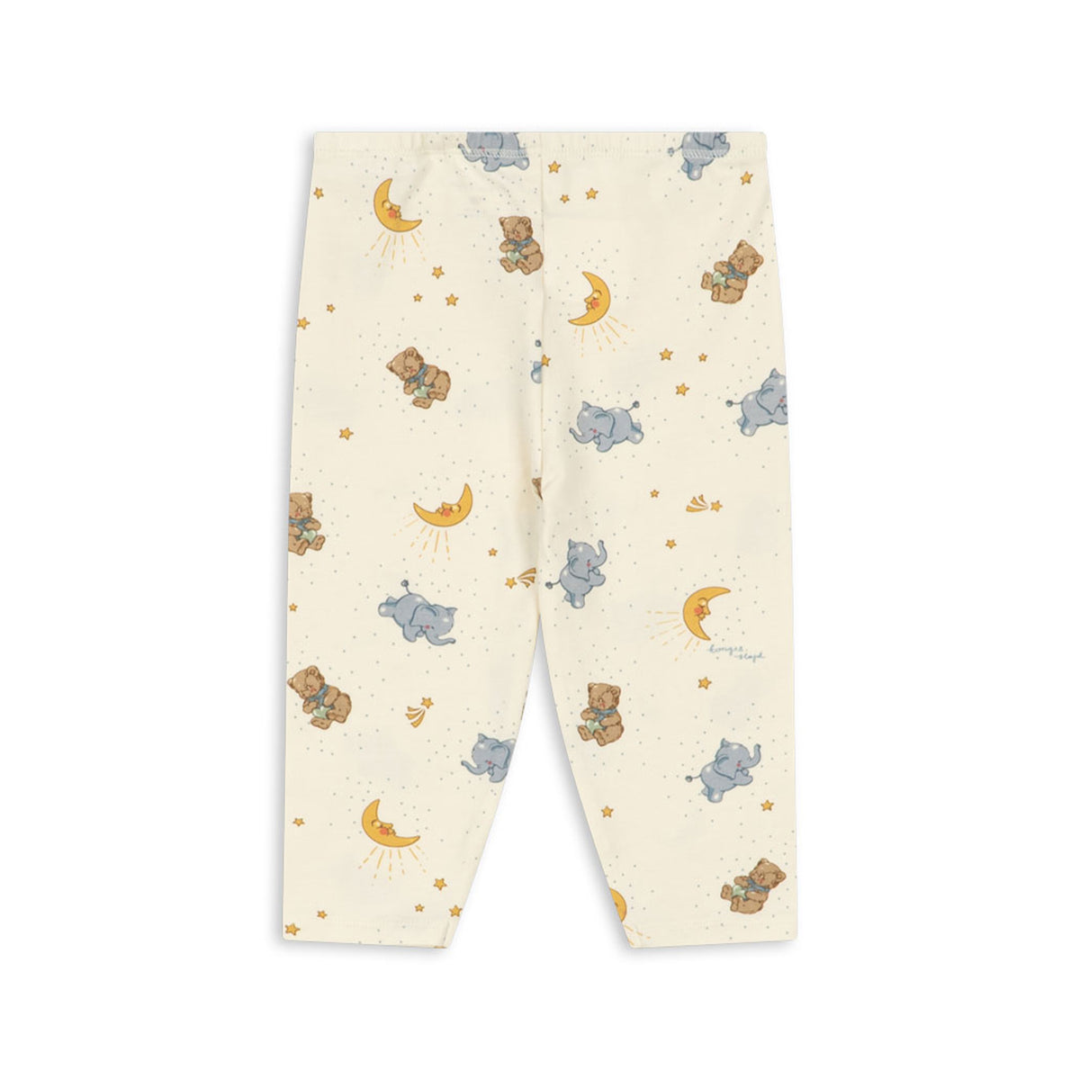 A pair of cream-colored baby leggings with an all-over print of teddy bears, blue elephants, yellow crescent moons, and small stars.
