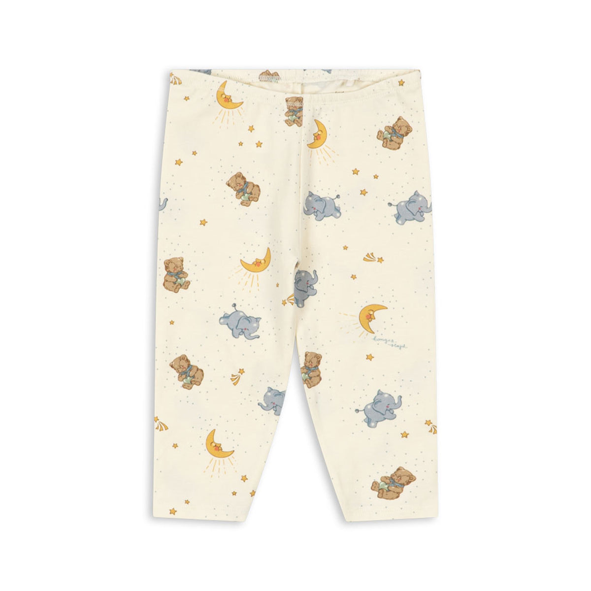 A pair of baby leggings with an off-white background featuring a playful print of teddy bears, blue elephants, yellow crescent moons, and small stars.