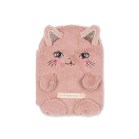 A pink plush cat-shaped notebook cover with embroidered eyes, nose, whiskers, and glittery ears, shown on a plain white background.