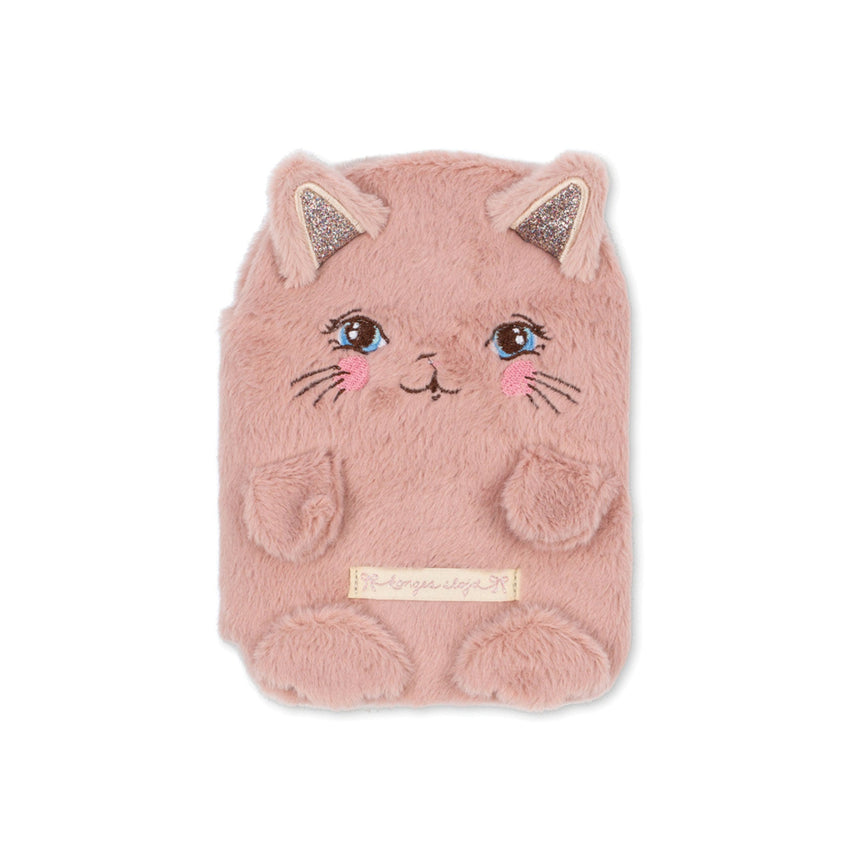 A pink plush cat-shaped notebook cover with embroidered eyes, nose, whiskers, and glittery ears, shown on a plain white background.
