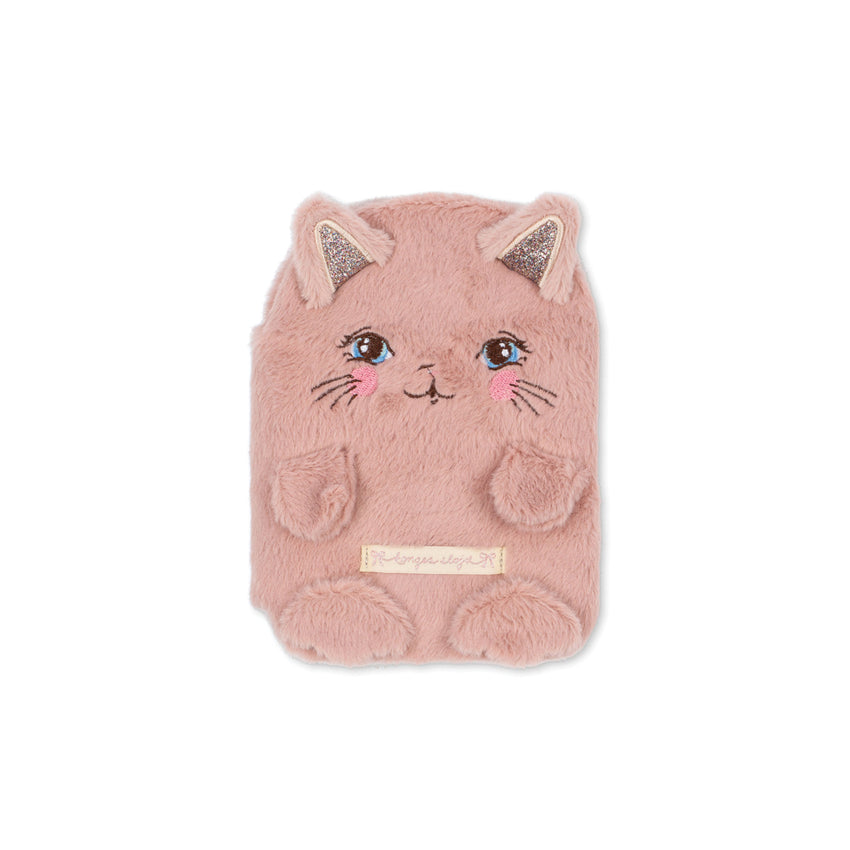 A pink plush cat-shaped notebook cover with embroidered eyes, nose, whiskers, and glittery ears, shown on a plain white background.