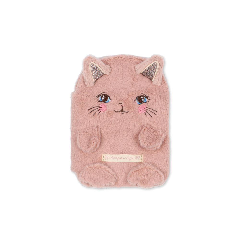 A pink plush cat-shaped notebook cover with embroidered eyes, nose, whiskers, and glittery ears, shown on a plain white background.