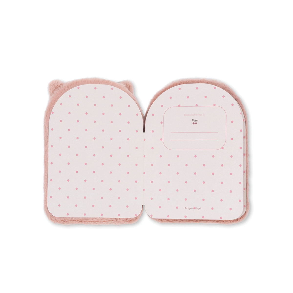 A pink plush notebook-shaped pouch with a polka dot pattern, featuring cat ears on the left side and a small pocket on the right side, shown against a plain white background.