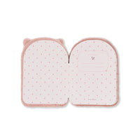 A pink plush notebook-shaped pouch with a polka dot pattern, featuring cat ears on the left side and a small pocket on the right side, shown against a plain white background.