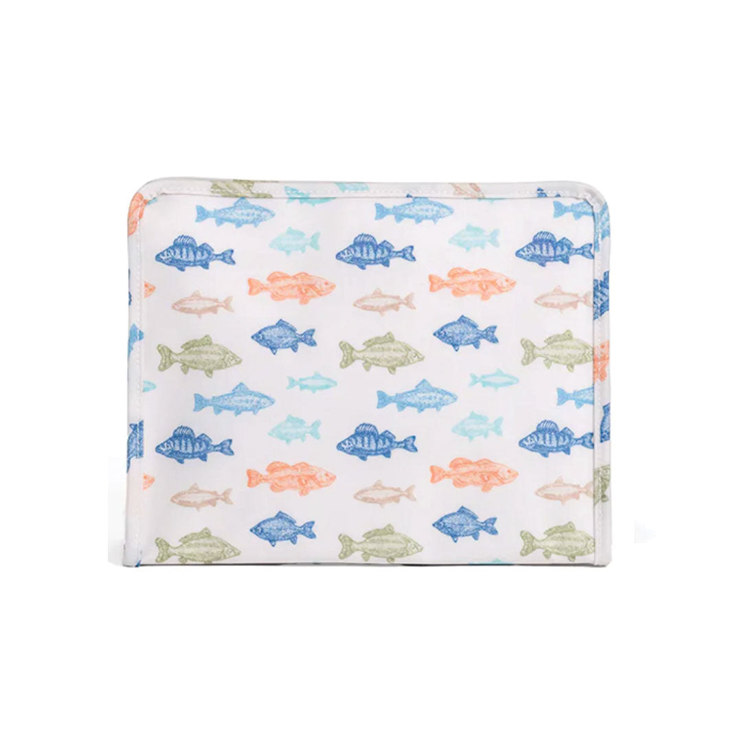 Pouch with multi-colored fish on a white background.