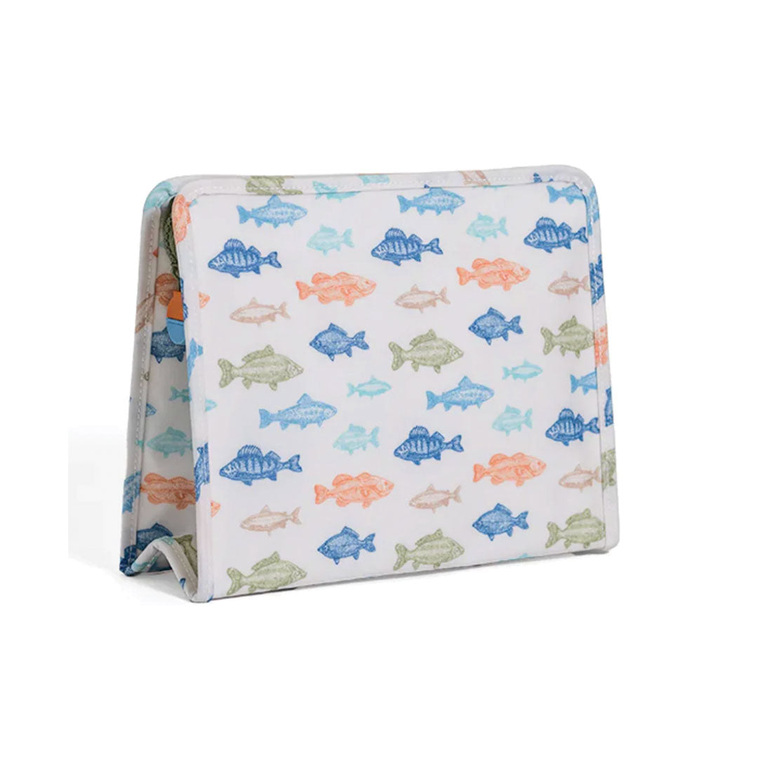 Pouch with multi-colored fish on a white background.