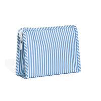 Blue and white striped zippered pouch on a white background.