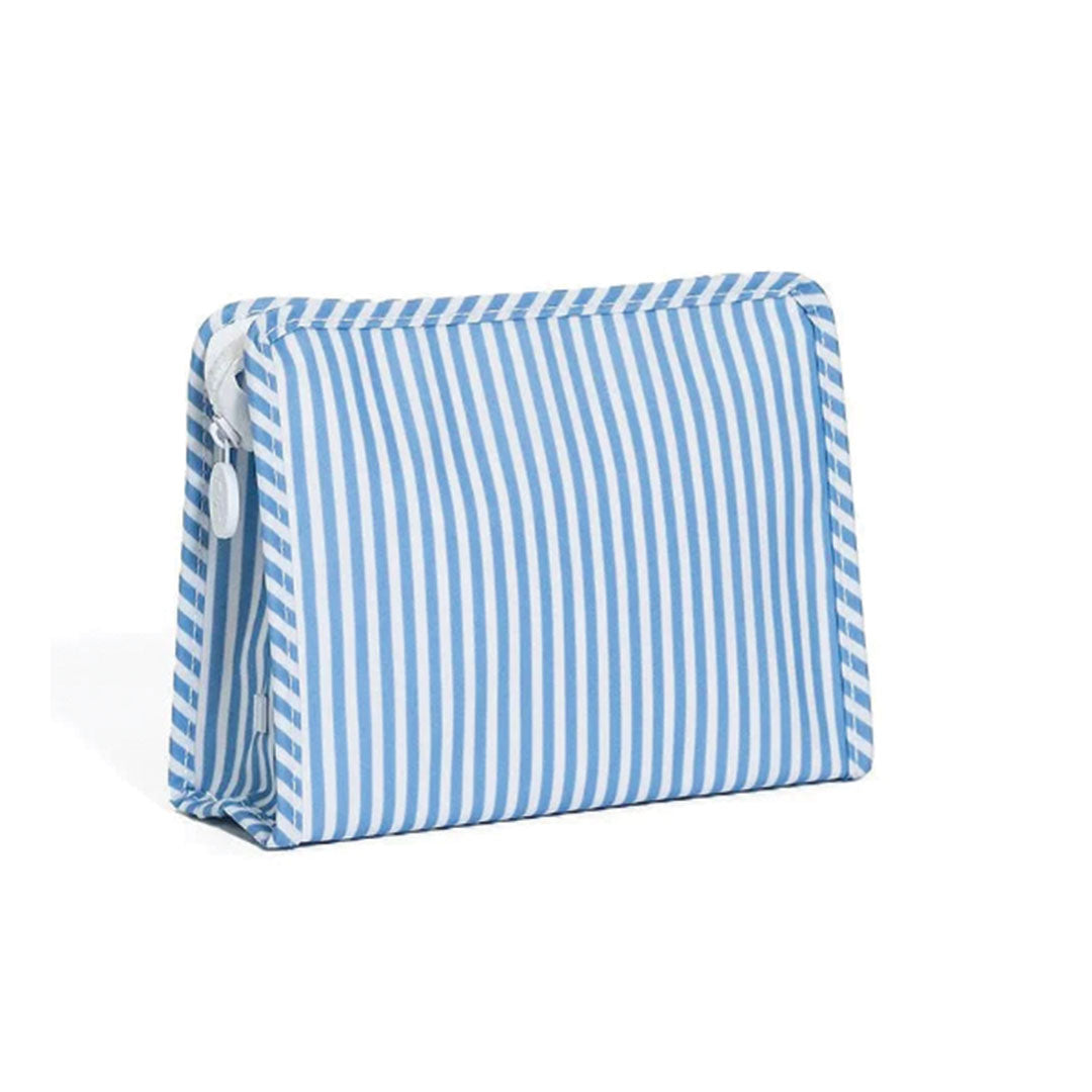 Blue and white striped zippered pouch on a white background.