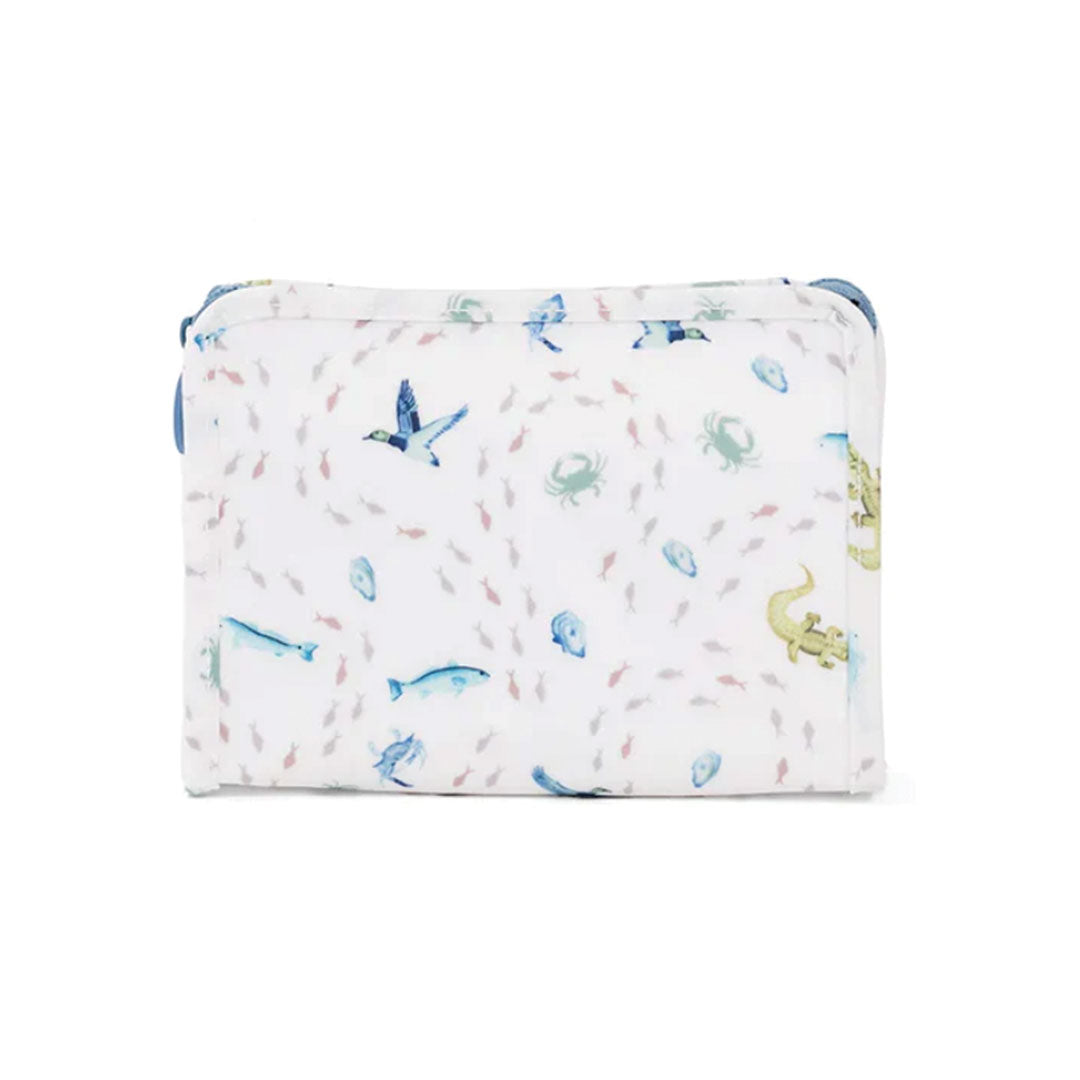 Rectangular pouch with sea animals print on a white background.