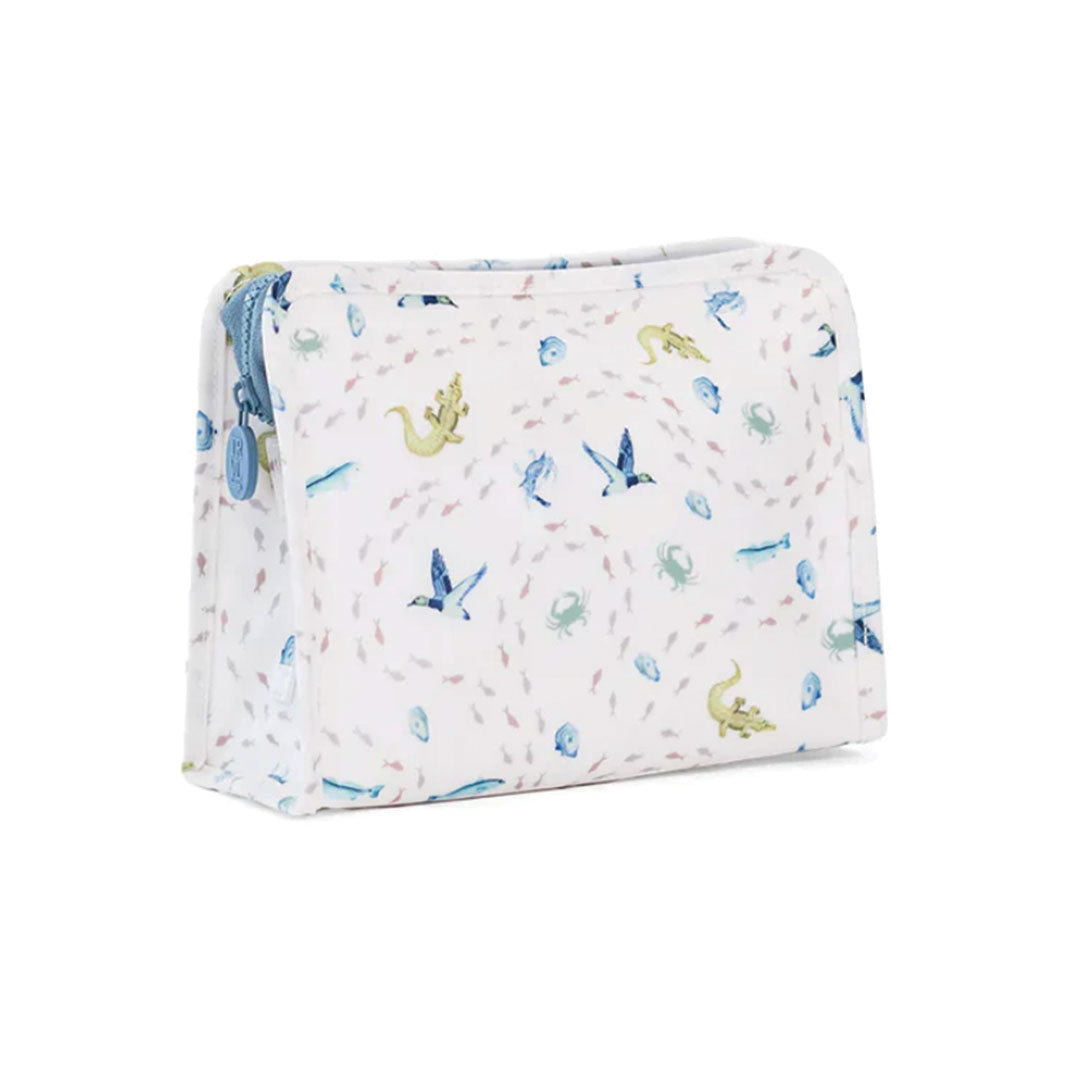 Rectangular pouch with sea animals print on a white background.