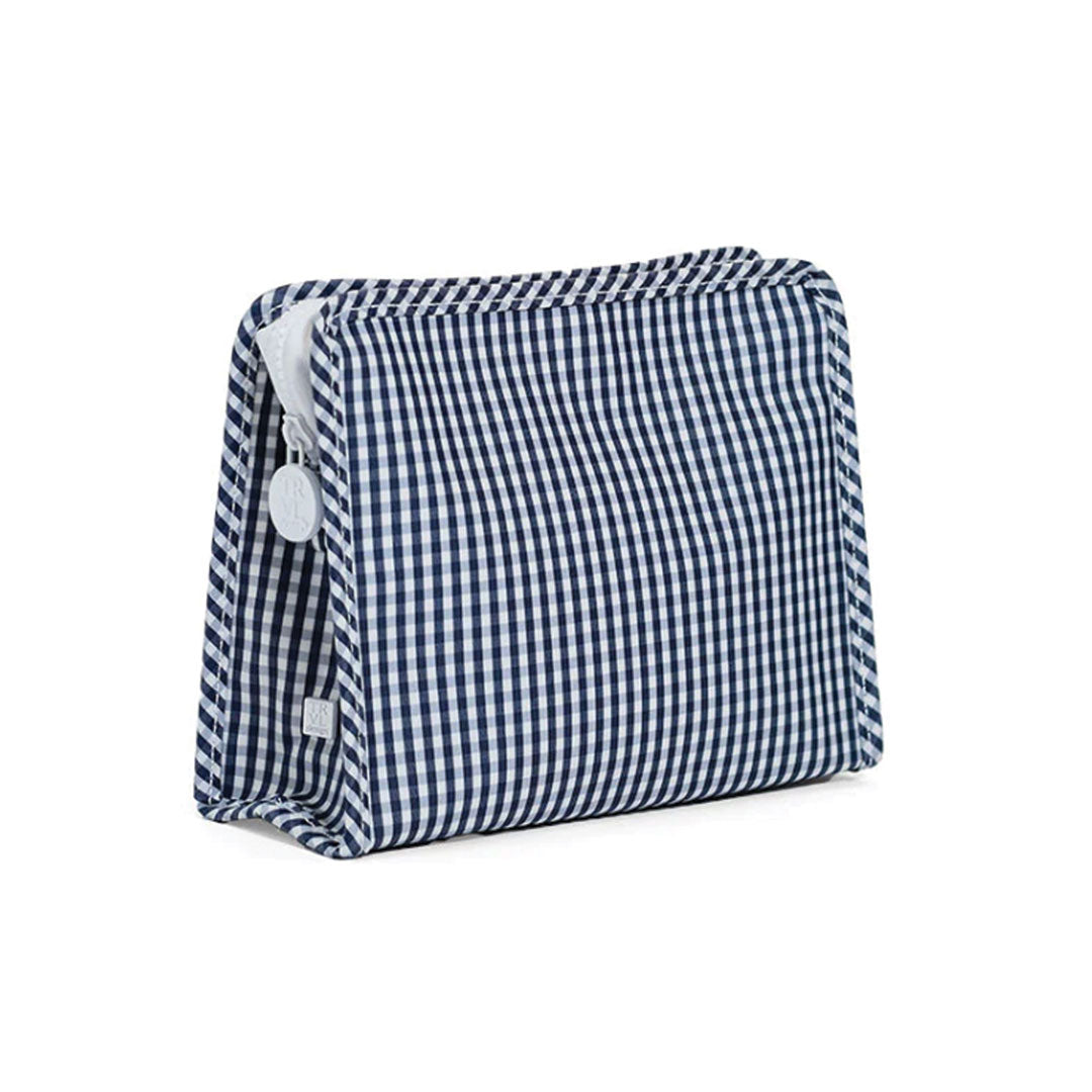 Dark blue and white checkered zippered pouch on a white background.