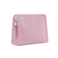 Pink pouch with a zipper on a white background.