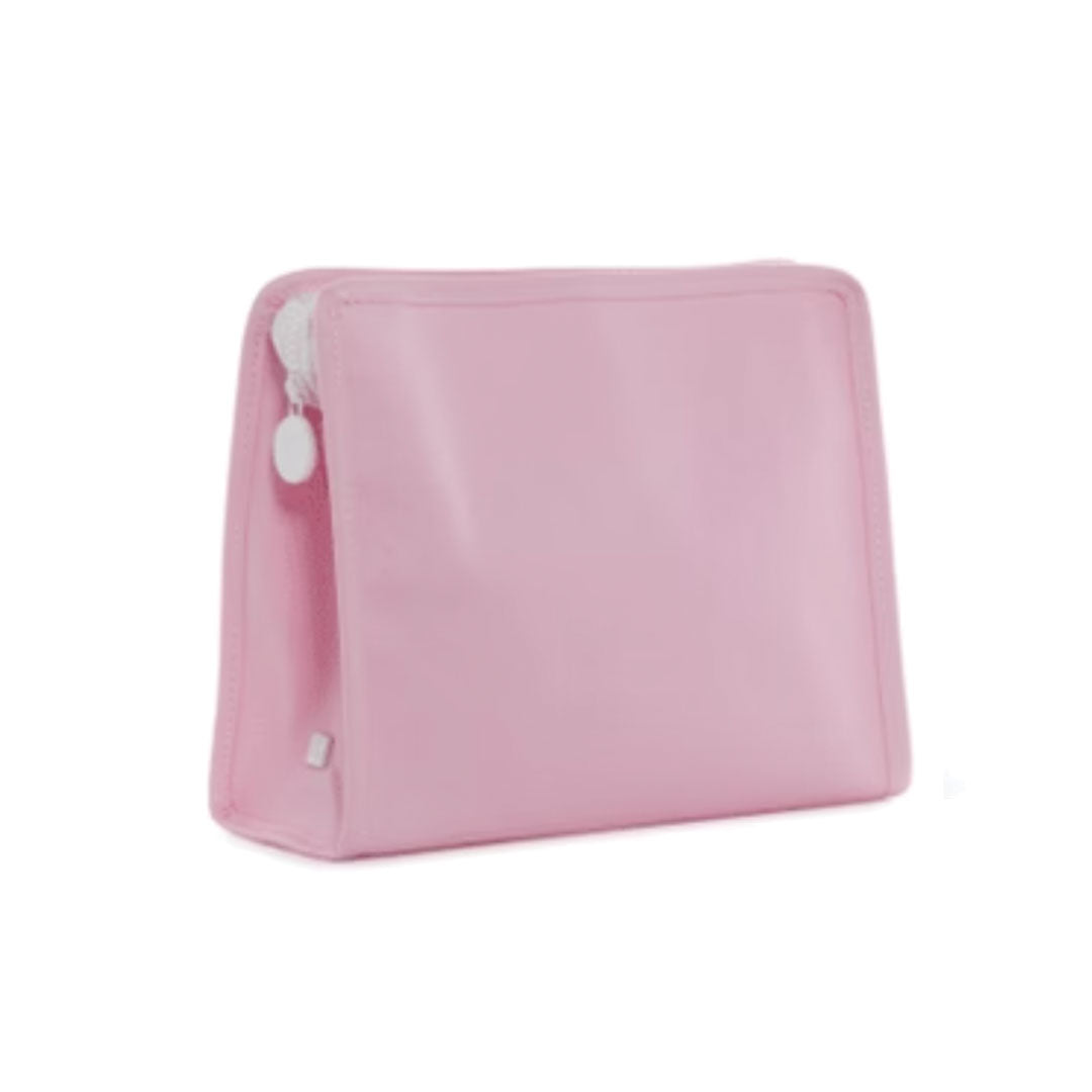 Pink pouch with a zipper on a white background.