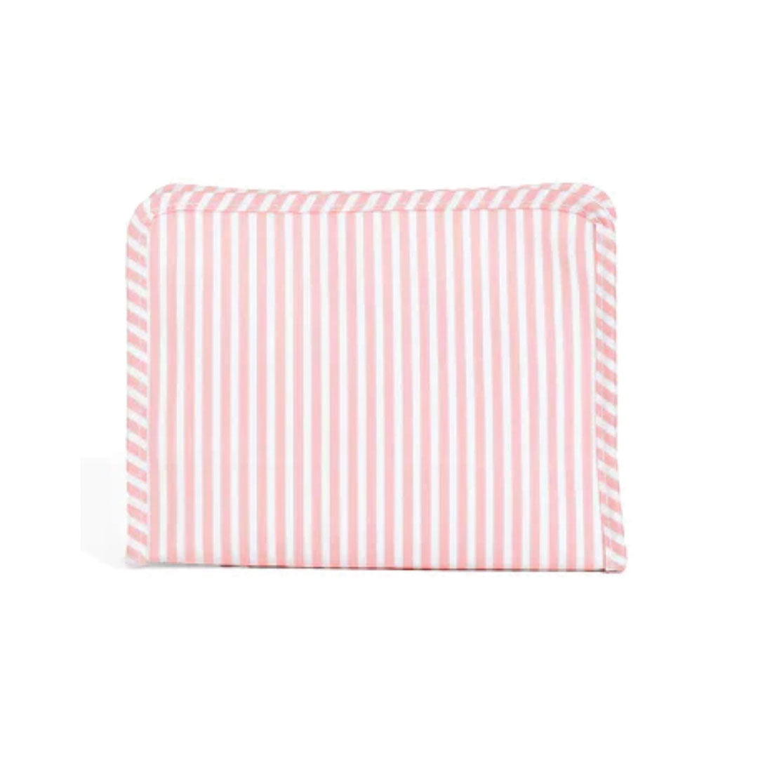 Rectangular pouch with pink and white vertical stripes on a white background.