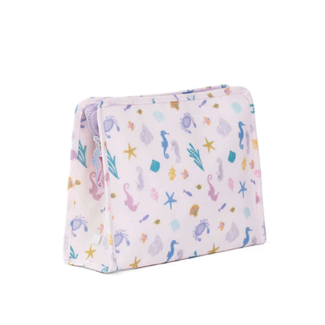 Zippered pouch with colorful sea creature pattern on a white background.