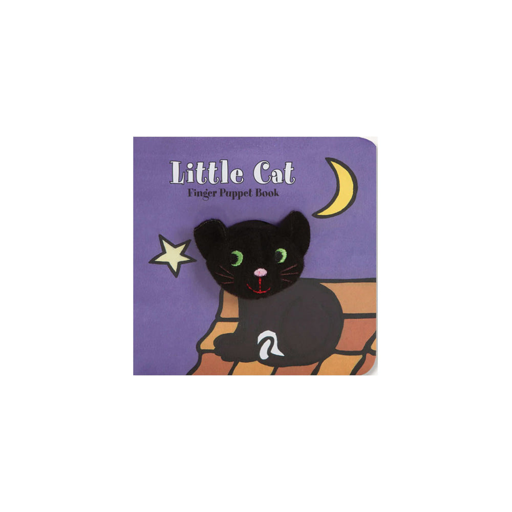 Little Cat Finger Puppet Book featuring a black cat finger puppet on a purple cover with a crescent moon and star illustration.